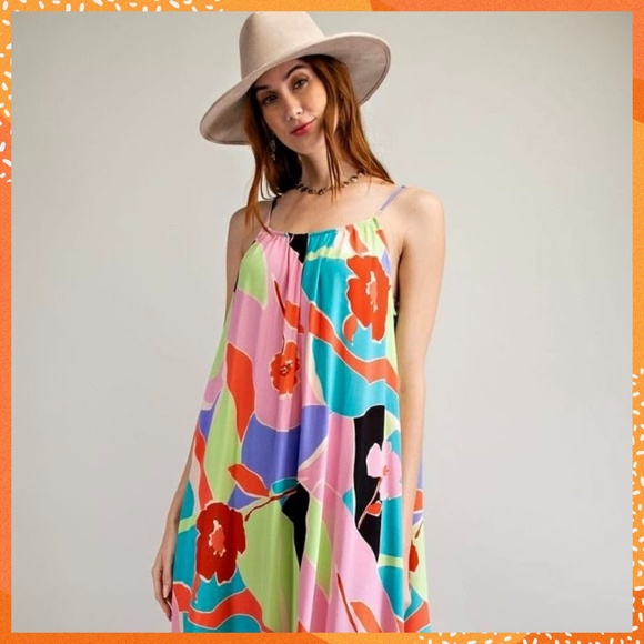 📌 EASEL Tropical Pucci-Like Floral Print Flowy Maxi Cami Dress Adjustable Straps - Picture 15 of 16